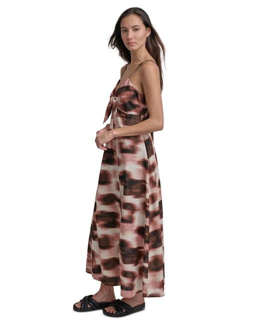 DKNY Brown Cotton Voile Printed Sleeveless Tie Dress