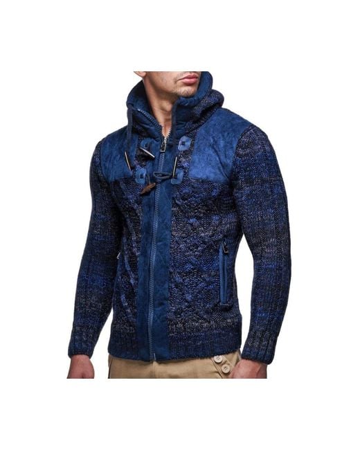 Leif Nelson Knit Zip up Jacket With Geometric Patterns And Leather Accents in Blue for Men Lyst