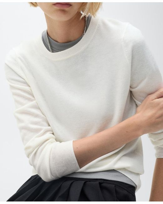 Mango White Wool-blend Round-neck Sweater