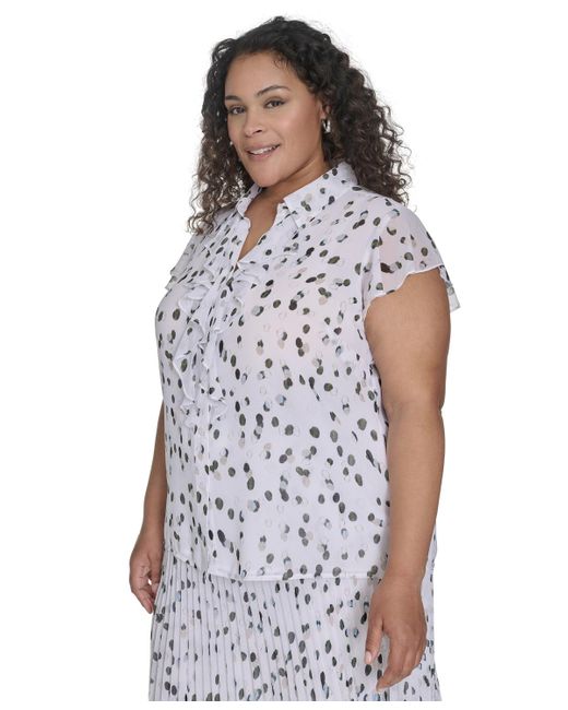Calvin Klein Blue Plus Size Dot-print Ruffled Blouse