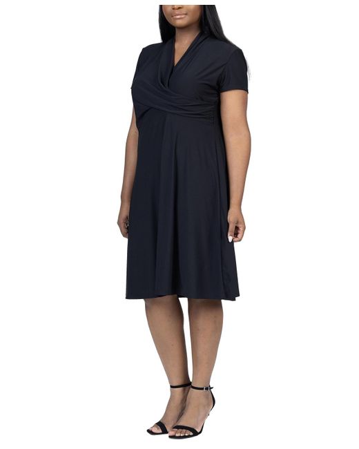 24seven Comfort Apparel Women's Blue Plus Size Short Sleeve Rouched Wrap Dress