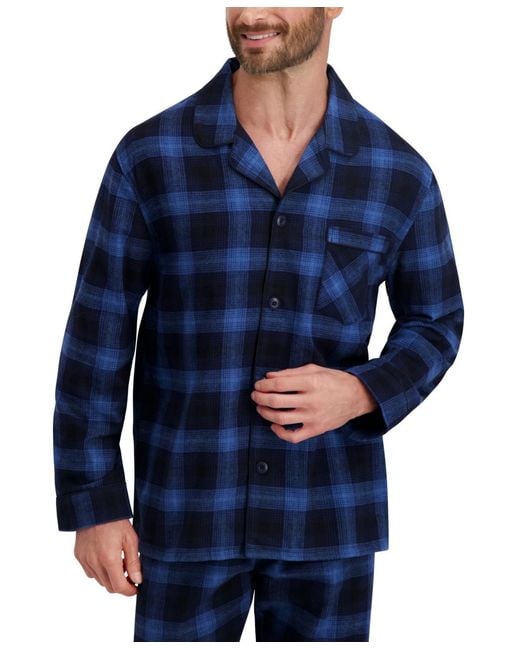 Hanes Blue Flannel Button Down Pajama Sleep Set for men