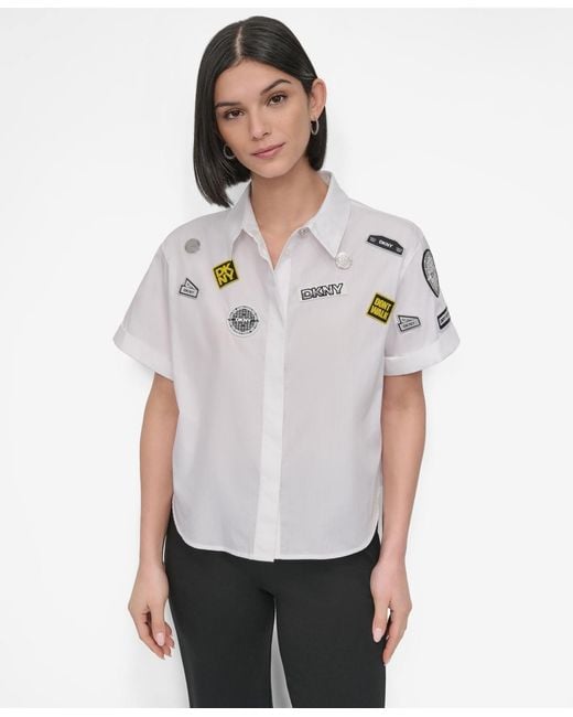 DKNY White Cotton Collared Pins & Patch Blouse