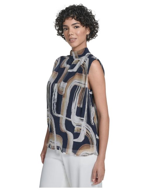 Calvin Klein Blue Printed Mock-neck Sleeveless Blouse