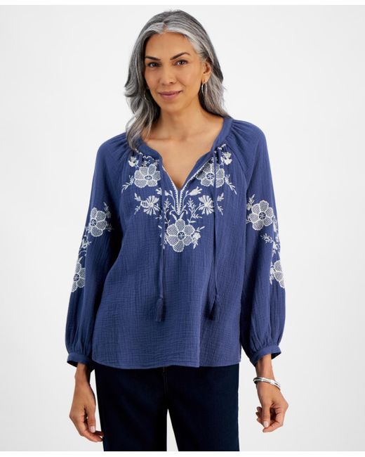 Style & Co. Blue Petite Nala Embroidered Popover Peasant Blouse
