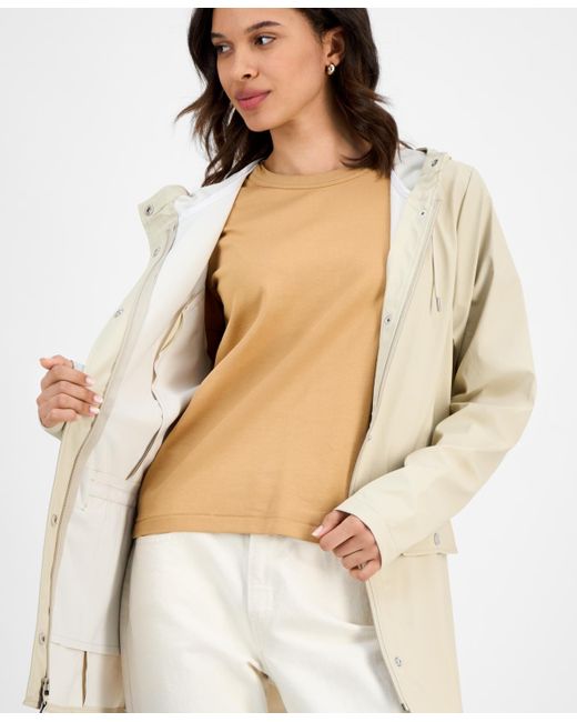 Rains White Tie-waist Snap-front Hooded Rain Coat
