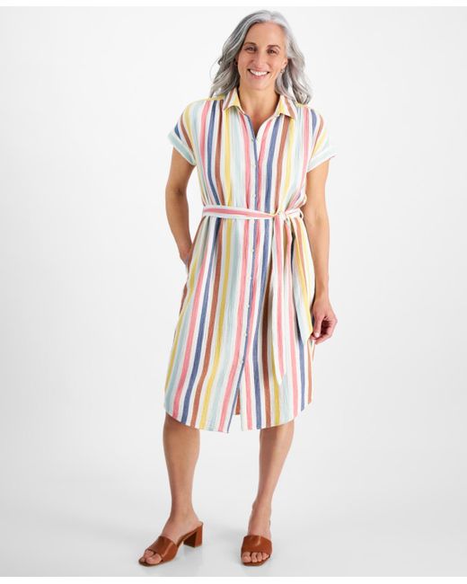 Style & Co. White Petite Striped Cotton Camp Shirt Dress