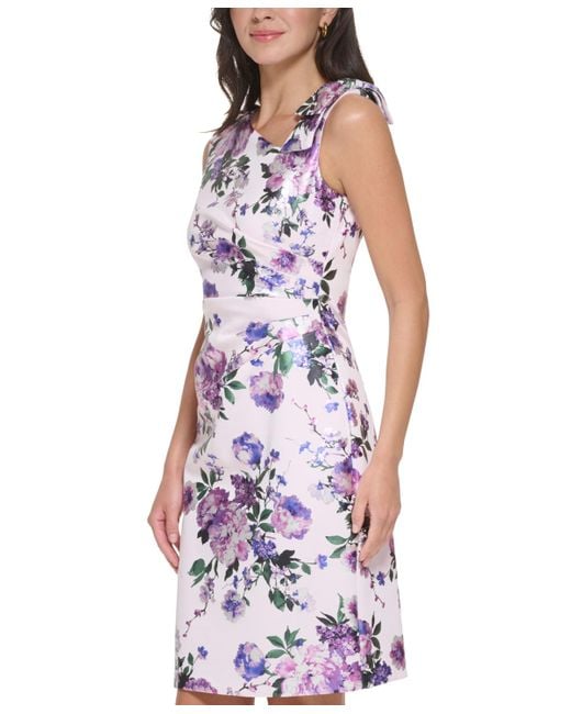 Jessica Howard Pink Petite Floral-print Bow-trim Sheath Dress