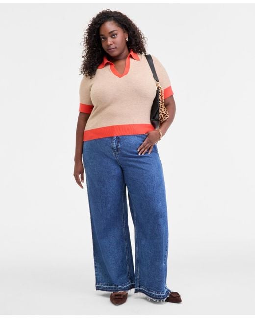 On 34th Trendy Plus Size Collared Contrast-trim Sweater