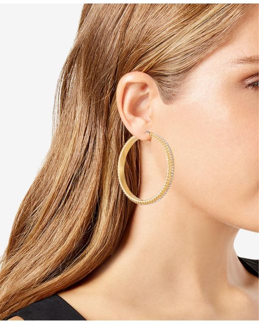 Tahari Metallic Tone Textured Rounded Hoop Earrings