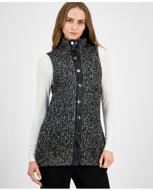 Anne Klein Black Marled Faux-leather-trim Vest