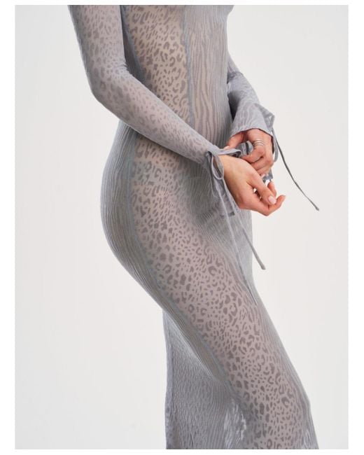 Miss Circle White Waylynn Gray Animal Print Burnout Velvet Detail Mesh Backless Maxi Dress