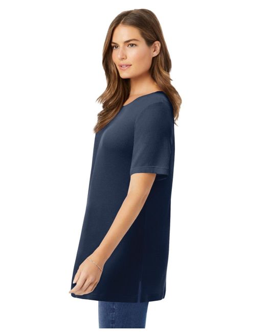 Woman Within Blue Plus Size Within Waffle Thermal Satin Trim Tee