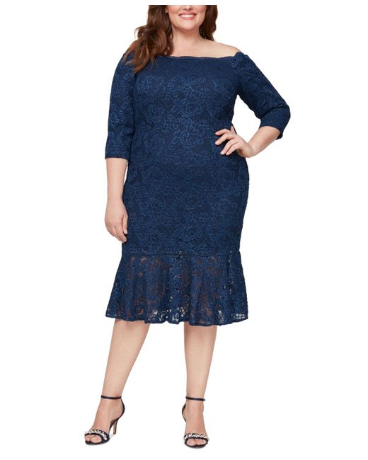 Alex Evenings Blue Plus Size Glitter Lace Off-the-shoulder Dress