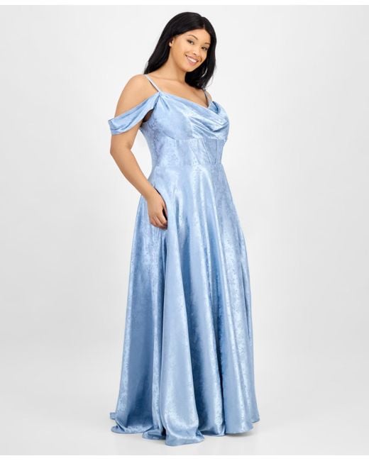 B Darlin Blue Trendy Plus Size Off-the-shoulder Satin Jacquard Gown