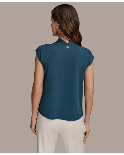 Donna Karan Blue Cap Sleeve Satin Cowlneck Top