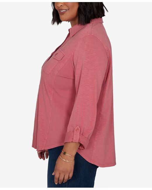 Ruby Rd Pink Plus Size Rib Trim Button Front Knit Top