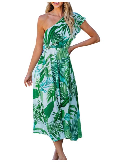 CUPSHE Green Tropical One-shoulder Ruffle Maxi Beach Dress