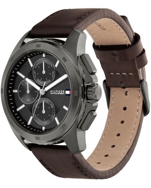 Tommy Hilfiger Gray Quartz Brown Leather Watch 44mm for men