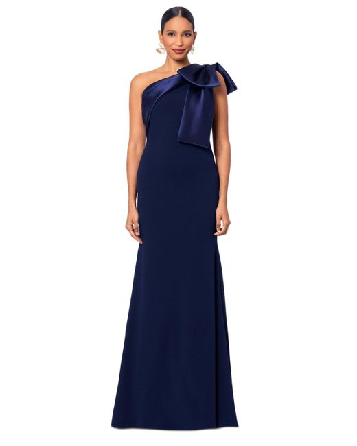 Betsy & Adam Blue Bow-trimmed One-shoulder Gown