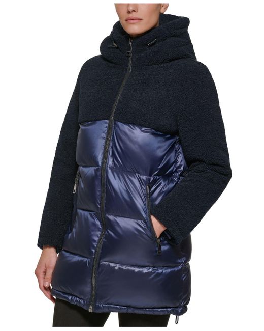 Calvin Klein Mixedmedia Hooded Puffer Coat in Blue Lyst