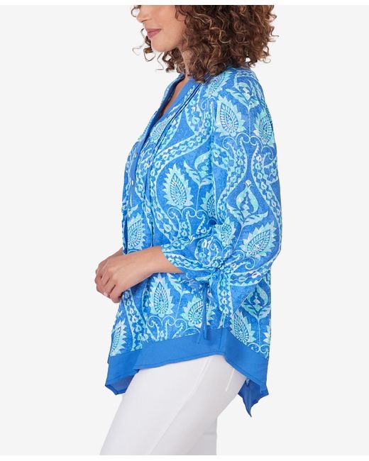 Ruby Rd Blue Petite Polynesian Bali Pull Over Pointed Hem Top