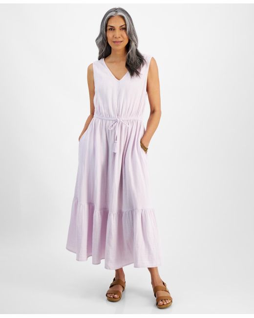Style & Co. White Petite Drawstring-waist Sleeveless Midi Dress