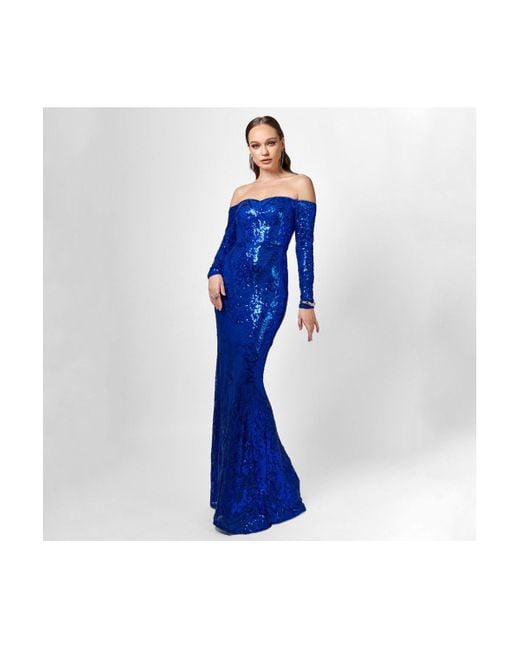 Bariano Blue Zoya Long Sleeve Sequin Gown