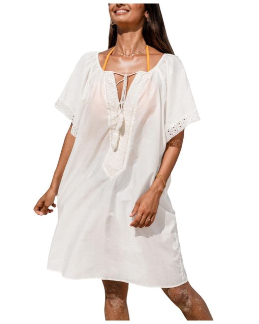 CUPSHE White Scoop Neck Tassel Tie Cover-up Beach Dress