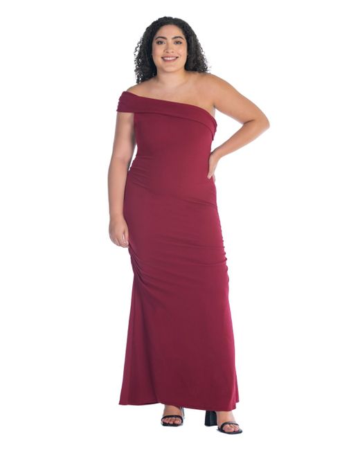 24seven Comfort Apparel Red Plus Size Formal One Shoulder Ruched Mermaid Maxi Dress