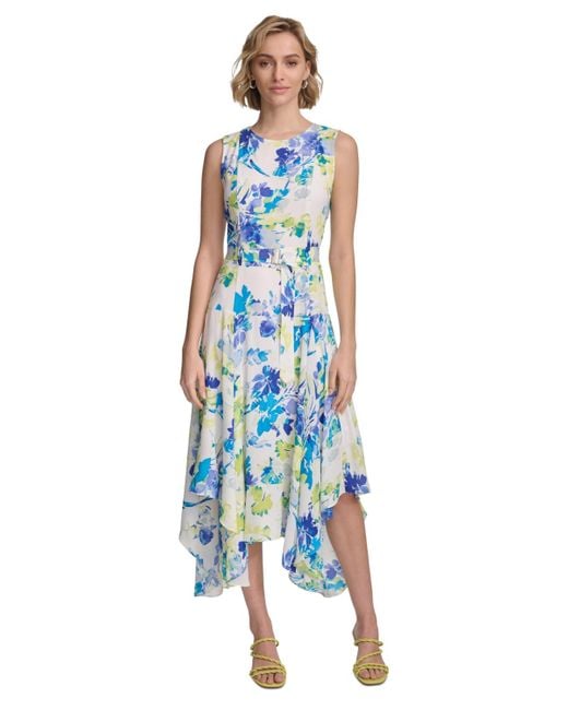Calvin Klein Blue Sleeveless Floral Handkerchief Hem Dress
