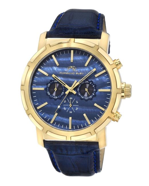Porsamo Bleu Blue Nyc Chrono Genuine Leather Gold Tone & Watch 1282bnyl for men