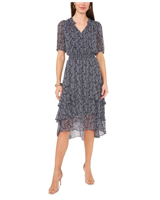 Vince Camuto Blue Printed Puff Sleeve Tiered Midi Dress