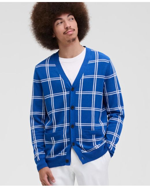 Club Room Blue Cotton Windowpane-plaid Cardigan Sweater for men
