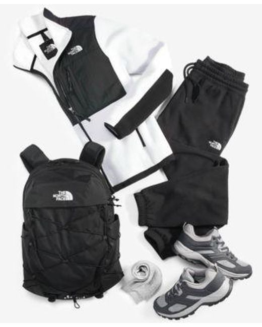 The North Face White Denali Jacket Borealis Backpack Fleece Sweatpants