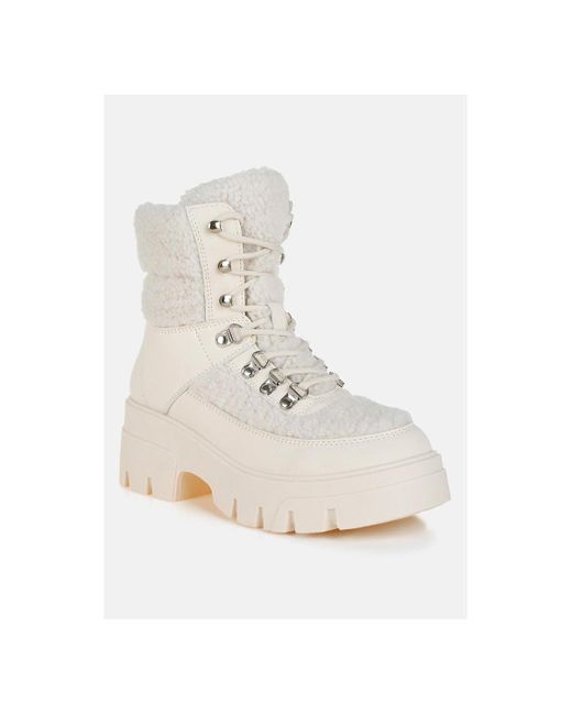 LONDON RAG Women's Natural Wellerman Faux Fur Detail Chunky Hiker Boots
