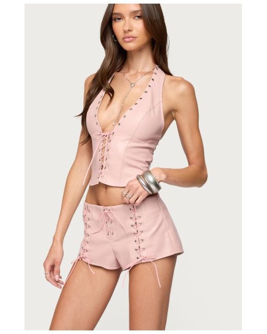 Edikted Pink Elisha Lace Up Halter Top