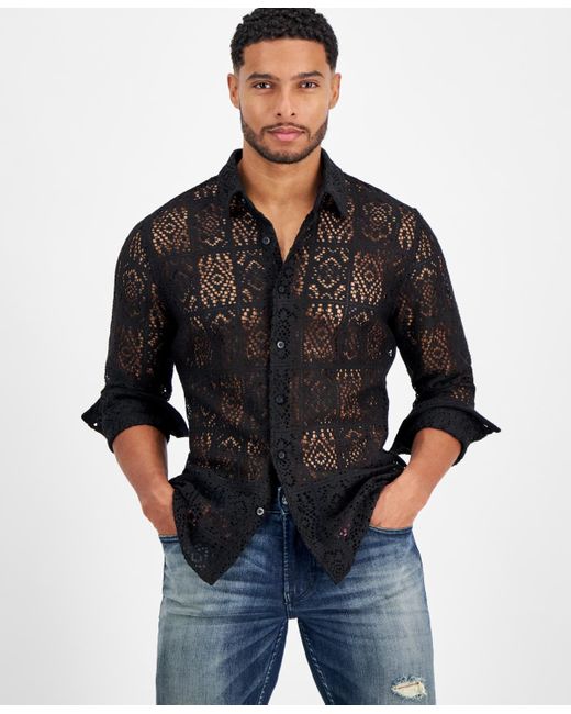 Guess Black Long Sleeve Craft Crochet Shirt for men