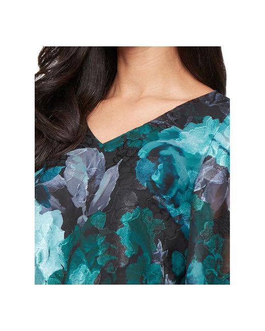 Alex Evenings Blue Printed V-neck Chiffon Blouse