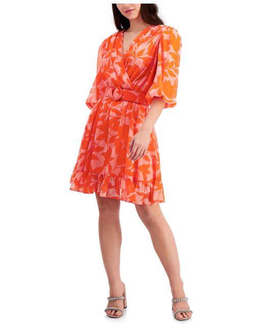 Taylor Red Petite Printed Chiffon Belted A-line Dress