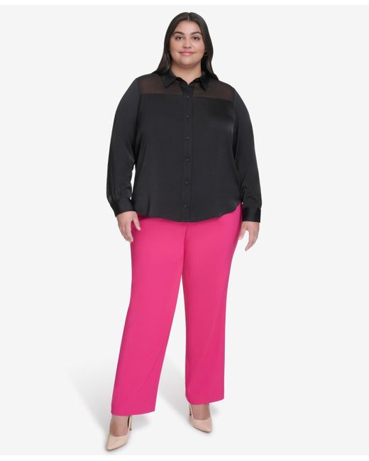 DKNY Black Plus Size Mixed Media Button Front Blouse