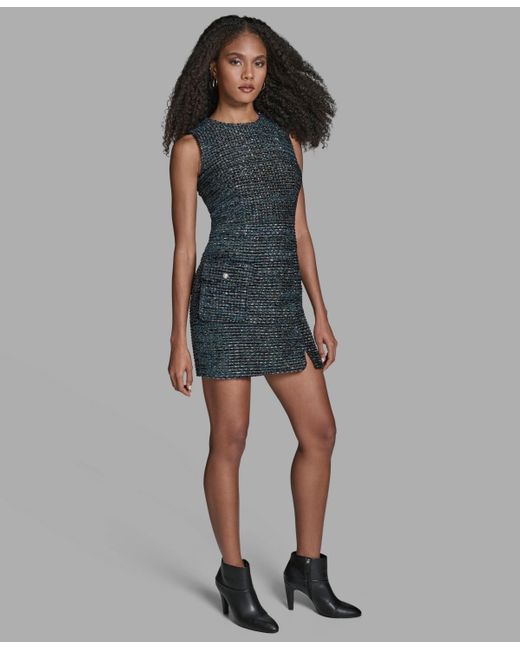 BCBGMAXAZRIA Women's Blue Sleeveless Tweed Dress