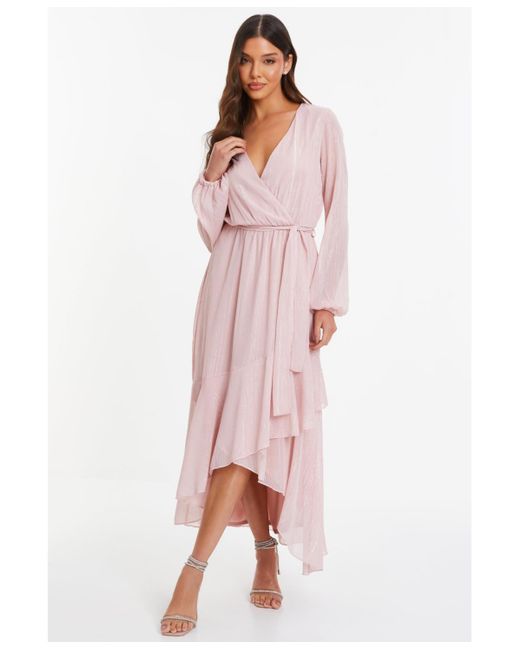 Quiz Pink Metallic Chiffon Long Sleeve Wrap Maxi Dress