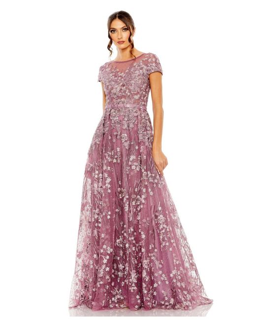 Mac Duggal Purple Embellished Floral Cap Sleeve A Line Gown