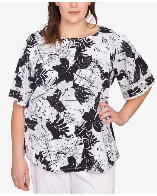 Ruby Rd Blue Plus Size Tropical Layered Print Top
