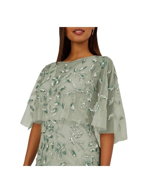 Adrianna Papell Green Beaded Cape Crewneck Dress