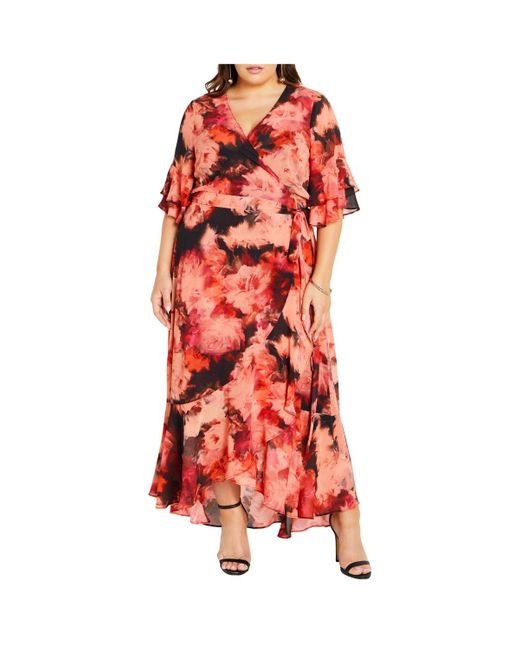 City Chic Red Plus Size Mischa Floral Wrap Ruffle Maxi Dress