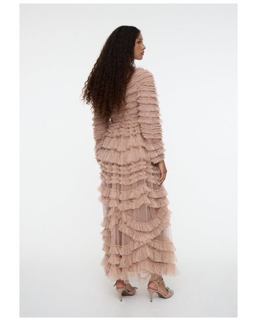 MARYISA Women's Brown Maxi With Self Print Modest Ruffle Dress
