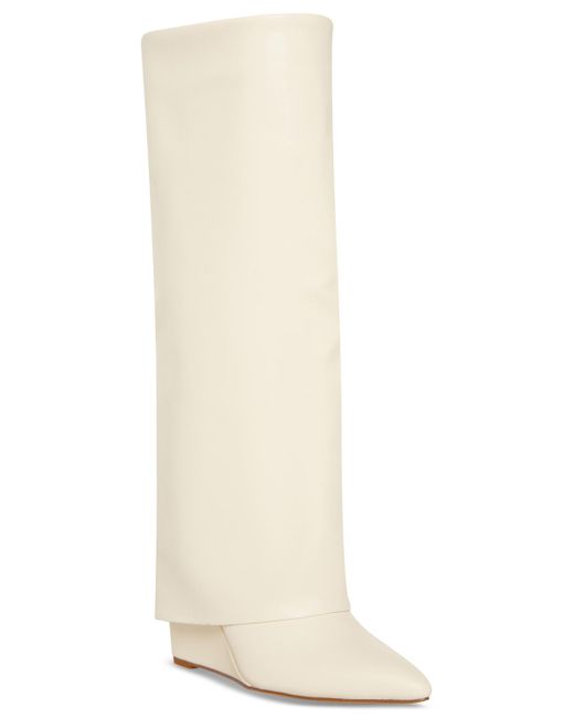 Madden Girl White Evander Wide-calf Fold-over Cuffed Knee High Wedge Dress Boots