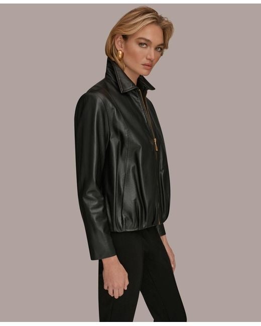 Donna Karan Black Leather Bomber Jacket